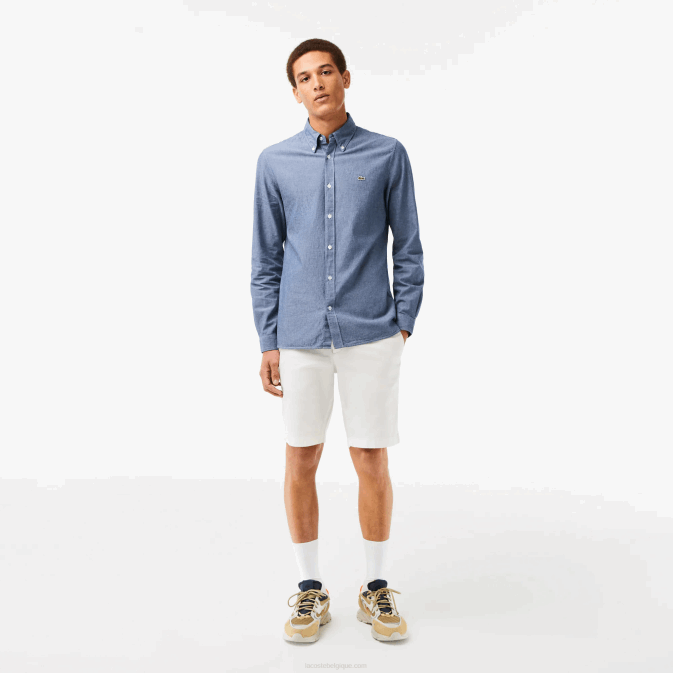 CD bleu V6HV1573 Hommes Lacoste chemise cintrée en chambray de coton