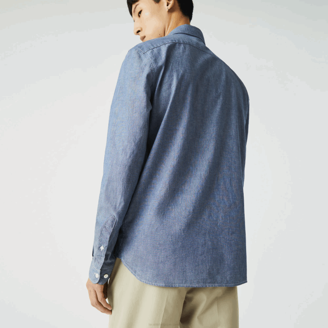 CD bleu V6HV1573 Hommes Lacoste chemise cintrée en chambray de coton