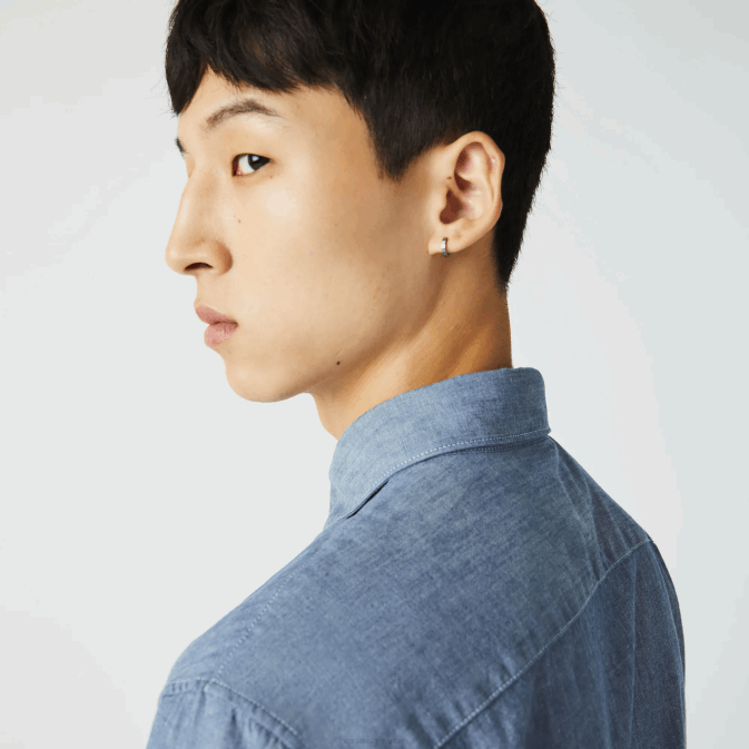 CD bleu V6HV1573 Hommes Lacoste chemise cintrée en chambray de coton