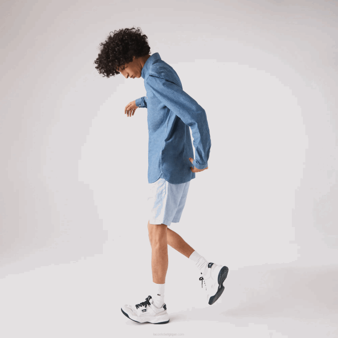 CD bleu V6HV1573 Hommes Lacoste chemise cintrée en chambray de coton