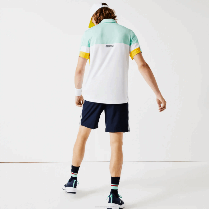 apk bleu marine jaune blanc V6HV1363 Hommes Lacoste short sport léger à bandes contrastées