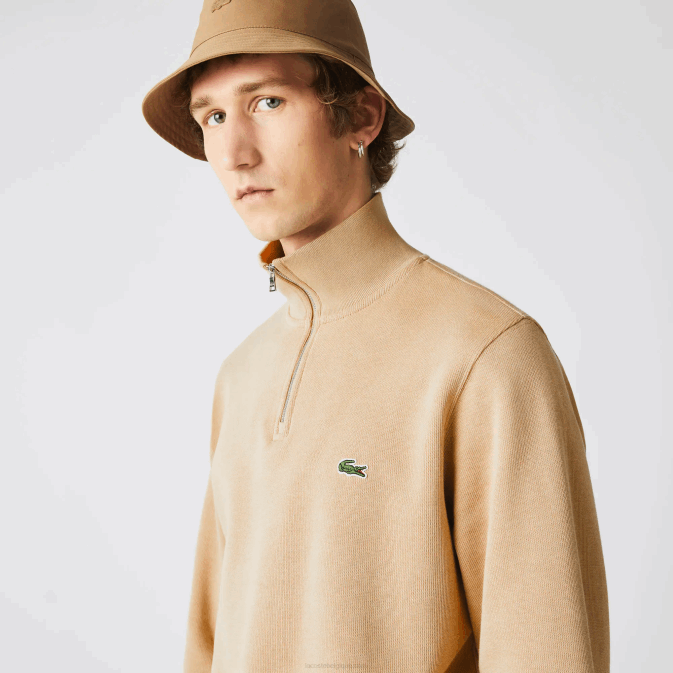 beige 02s V6HV957 Hommes Lacoste sweat col montant zippé en coton