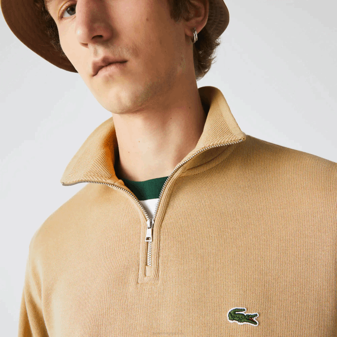 beige 02s V6HV957 Hommes Lacoste sweat col montant zippé en coton