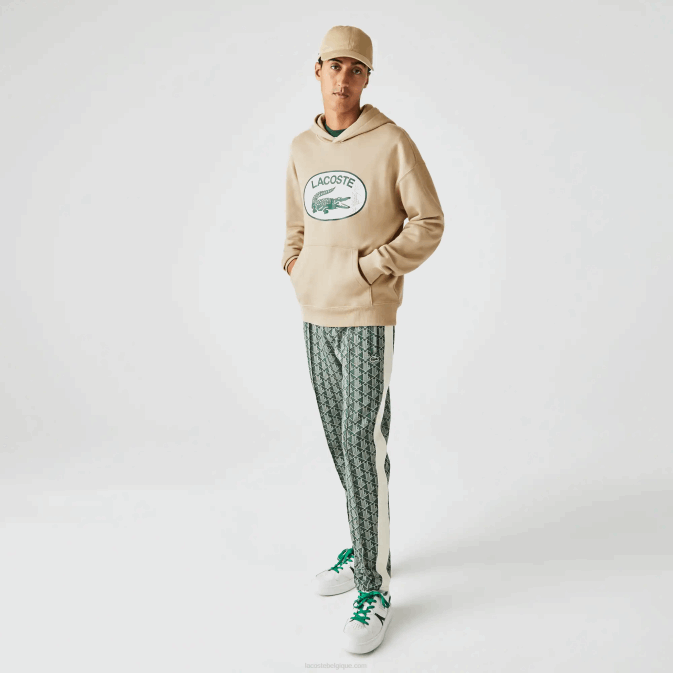 beige 02s V6HV971 Hommes Lacoste sweat à capuche ample avec monogramme de marque