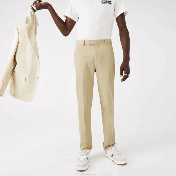 beige 68s V6HV1642 Hommes Lacoste pantalon plissé en coton et lin mélangés