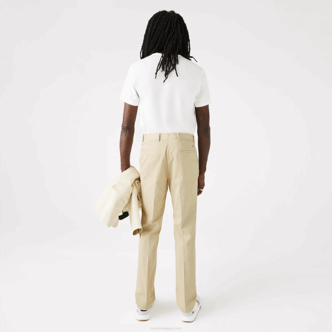beige 68s V6HV1642 Hommes Lacoste pantalon plissé en coton et lin mélangés