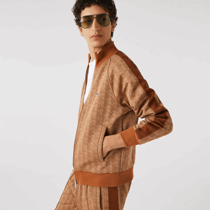 beige marron zwm V6HV277 Hommes Lacoste sweat zippé regular fit à imprimé monogramme