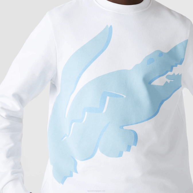 blanc 001 V6HV1075 Hommes Lacoste sweat col rond en molleton de coton bio imprimé