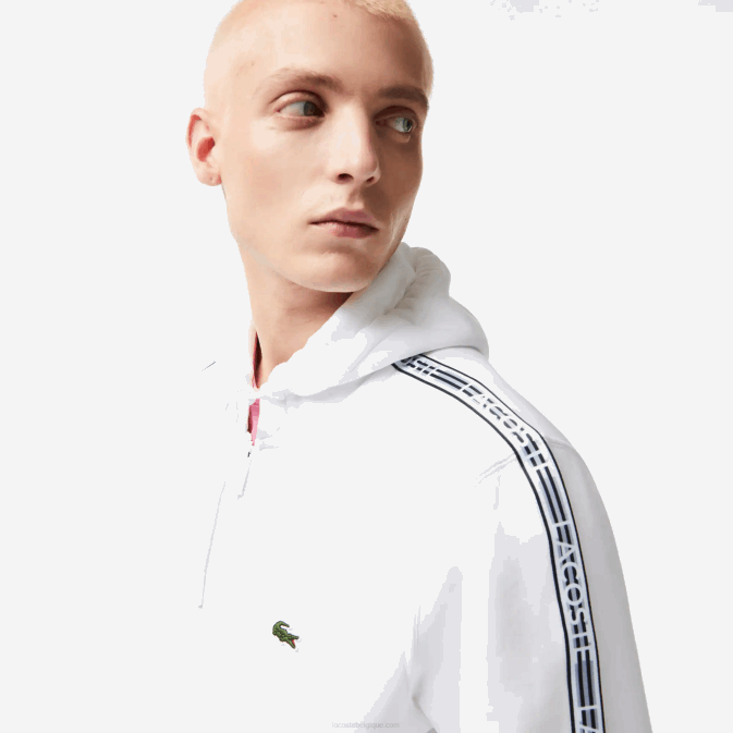 blanc 001 V6HV12 Hommes Lacoste sweat à capuche zippé coupe classique avec rayures de la marque