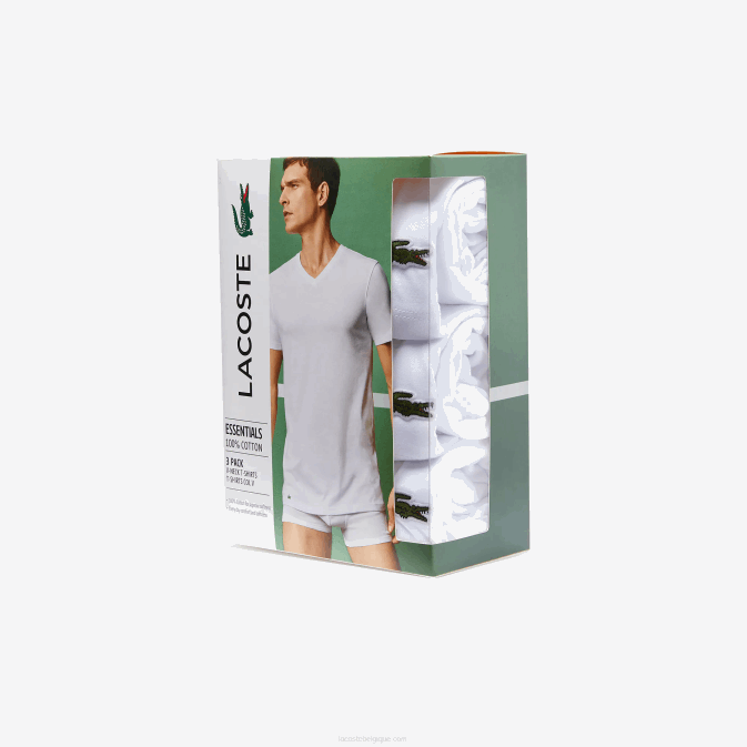 blanc 001 V6HV1335 Hommes Lacoste lot de 3 t-shirts lounge en coton à col en V