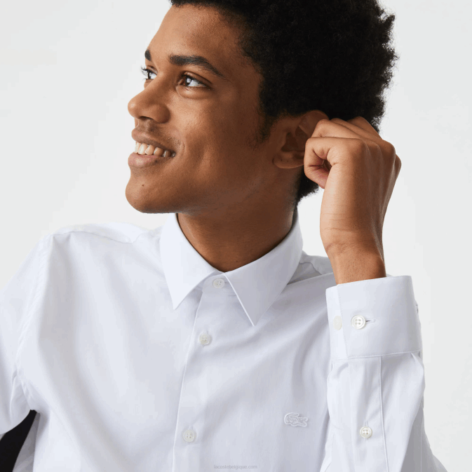 blanc 001 V6HV1438 Hommes Lacoste chemise slim en popeline de coton col français