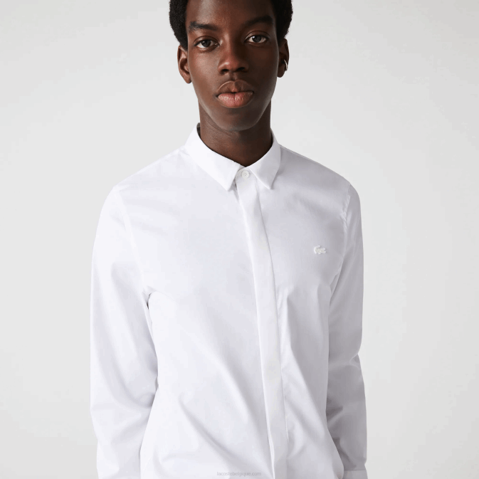 blanc 001 V6HV1648 Hommes Lacoste chemise coupe slim en popeline de coton stretch à patte dissimulée