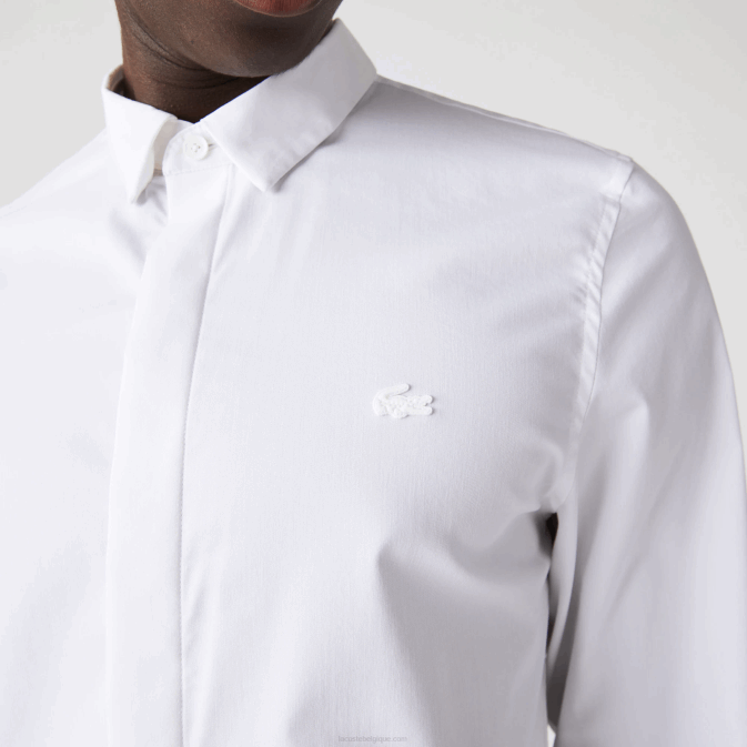 blanc 001 V6HV1648 Hommes Lacoste chemise coupe slim en popeline de coton stretch à patte dissimulée