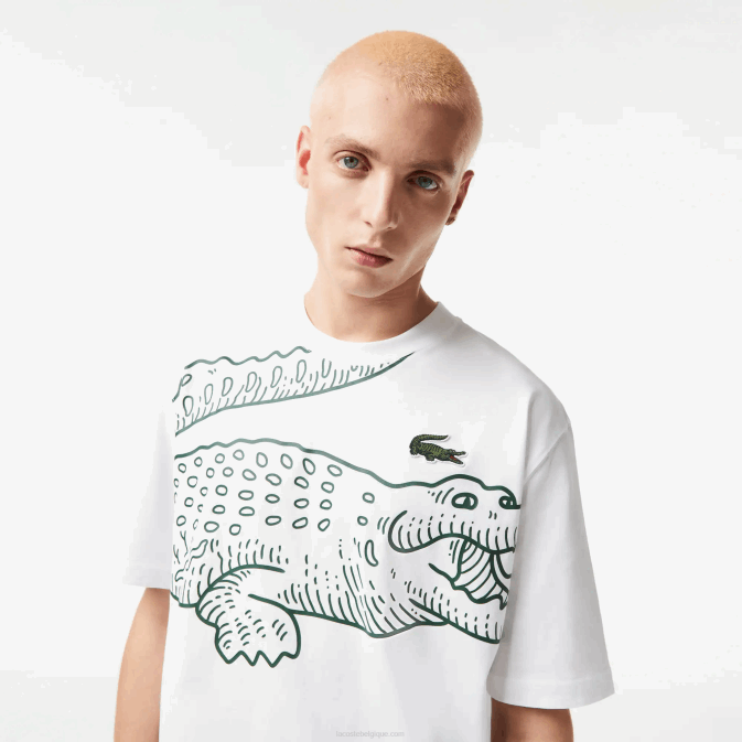 blanc 001 V6HV254 Hommes Lacoste t-shirt ample à col rond et imprimé crocodile