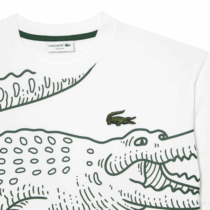 blanc 001 V6HV254 Hommes Lacoste t-shirt ample à col rond et imprimé crocodile