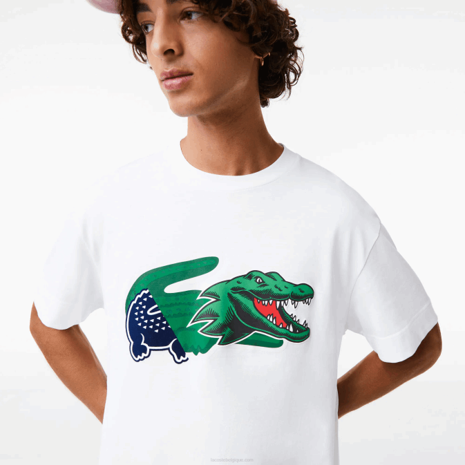 blanc 001 V6HV608 Hommes Lacoste t-shirt oversize en crocodile coupe décontractée