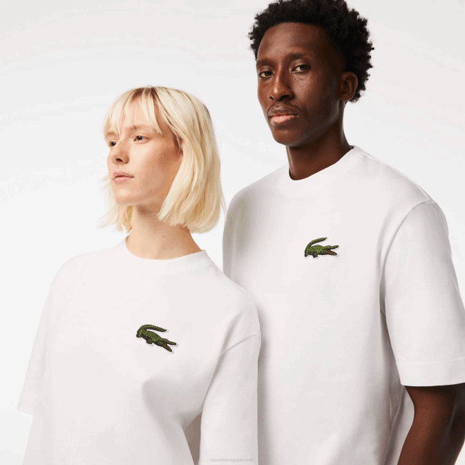 blanc 001 V6HV75 Hommes Lacoste t-shirt ample en coton bio grand crocodile