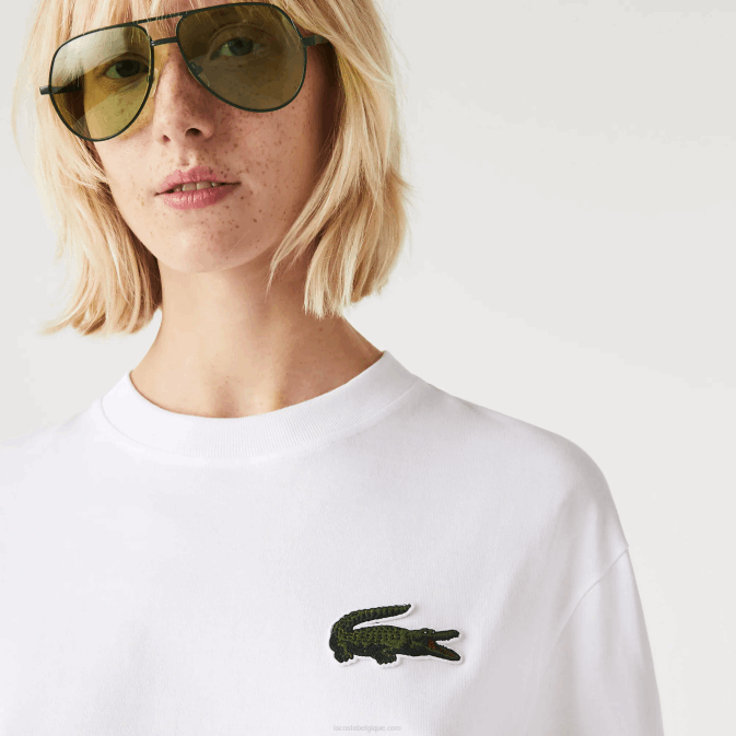 blanc 001 V6HV75 Hommes Lacoste t-shirt ample en coton bio grand crocodile