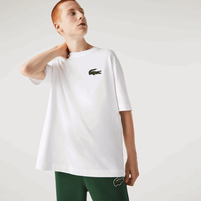 blanc 001 V6HV75 Hommes Lacoste t-shirt ample en coton bio grand crocodile