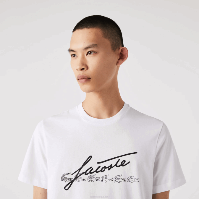 blanc 001 V6HV761 Hommes Lacoste t-shirt en coton à col rond imprimé signature et crocodile