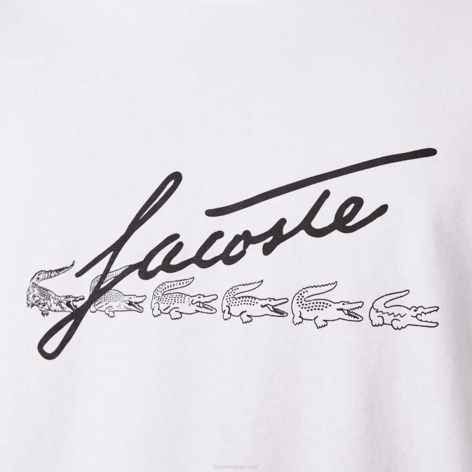 blanc 001 V6HV761 Hommes Lacoste t-shirt en coton à col rond imprimé signature et crocodile