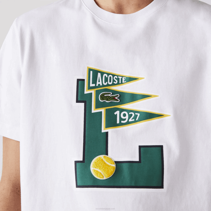 blanc 001 V6HV914 Hommes Lacoste t-shirt col rond fanions l badge en coton
