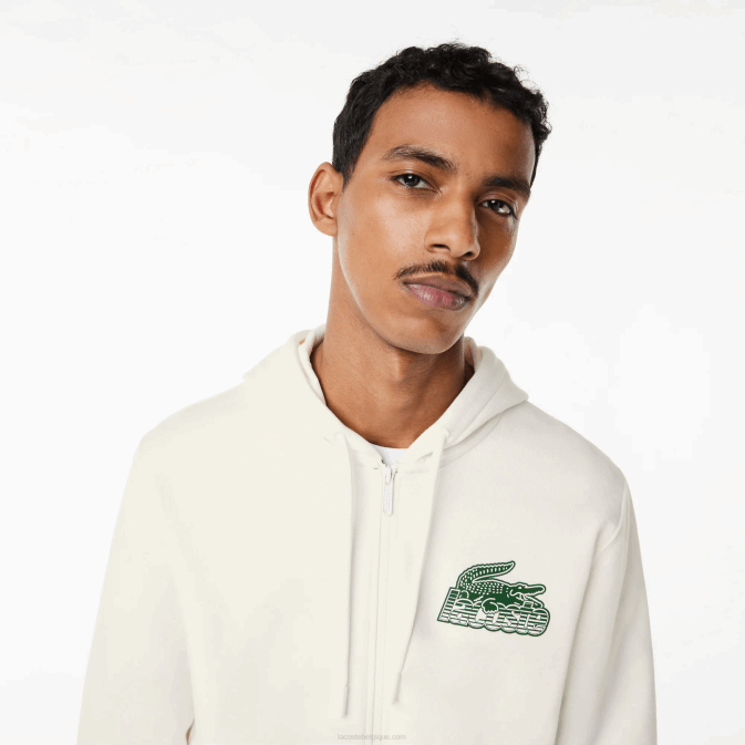 blanc 70v V6HV319 Hommes Lacoste sweat à capuche zippé en molleton non brossé