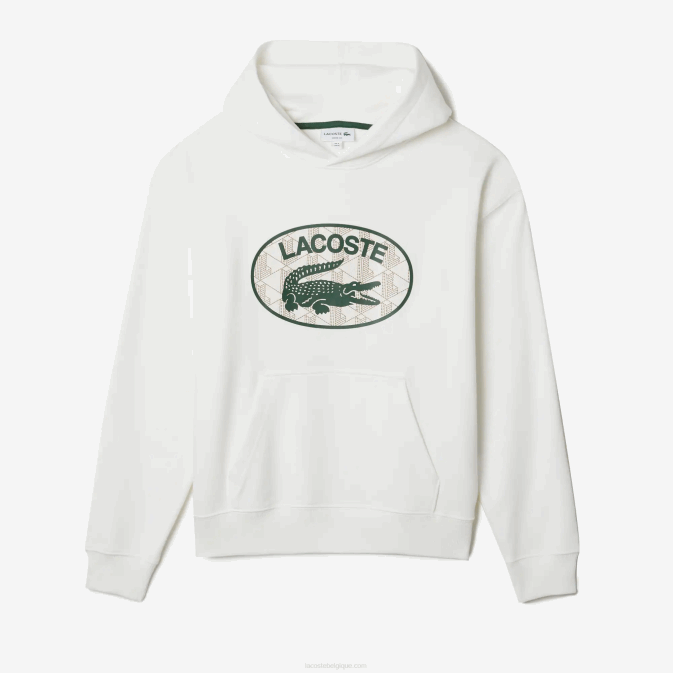 blanc 70v V6HV972 Hommes Lacoste sweat à capuche ample avec monogramme de marque