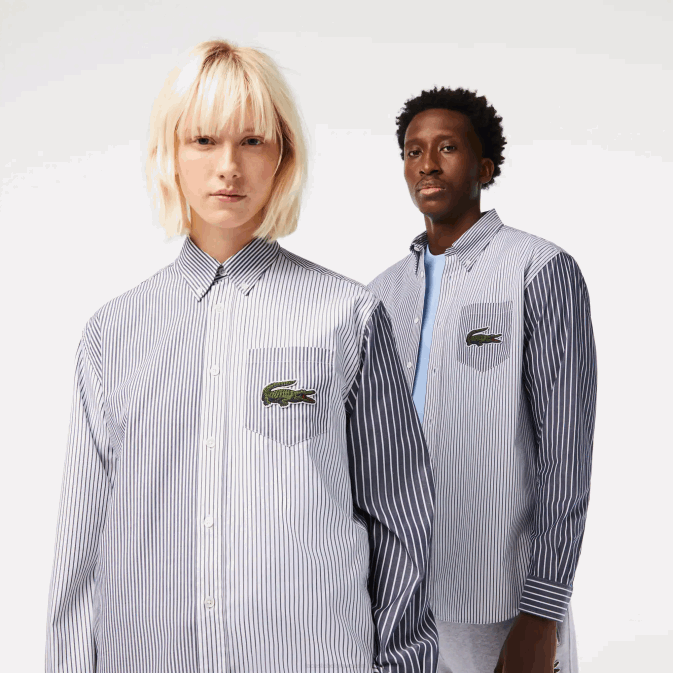 blanc bleu marine 522 V6HV493 Hommes Lacoste chemise en coton à larges rayures crocodiles