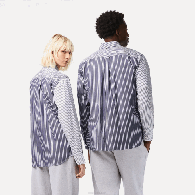 blanc bleu marine 522 V6HV493 Hommes Lacoste chemise en coton à larges rayures crocodiles