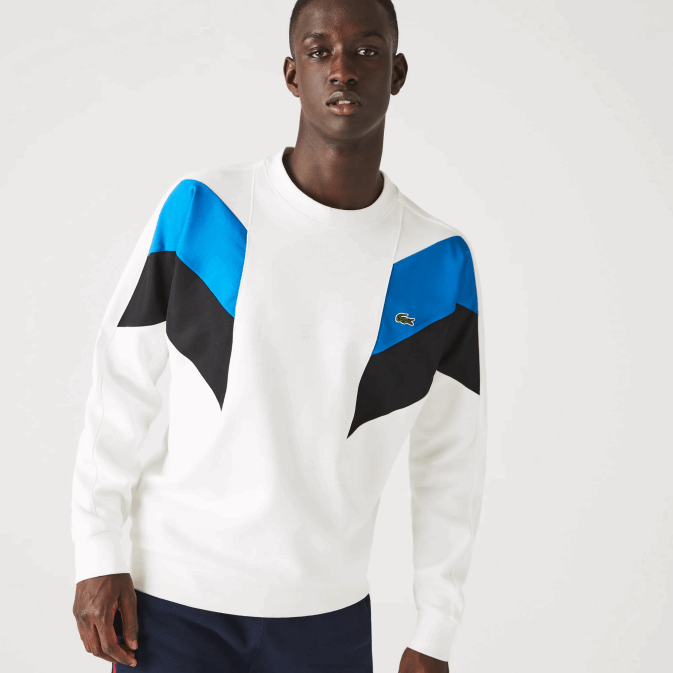 blanc bleu noir wza V6HV1127 Hommes Lacoste sweat-shirt en molleton de coton à motif colorblock à col ras du cou