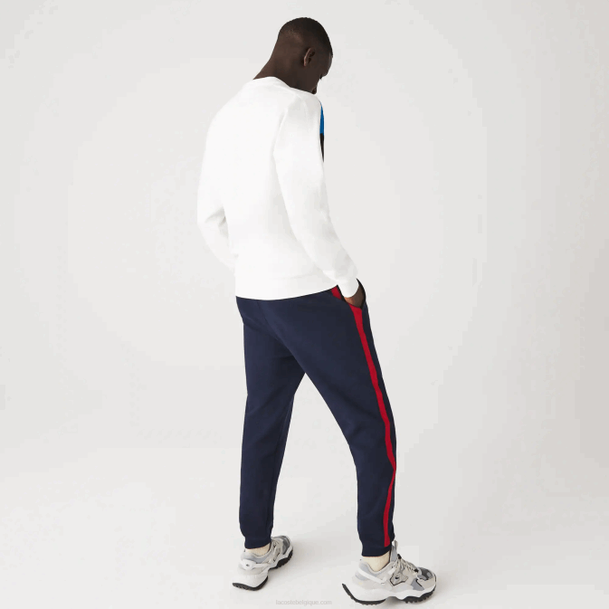 blanc bleu noir wza V6HV1127 Hommes Lacoste sweat-shirt en molleton de coton à motif colorblock à col ras du cou