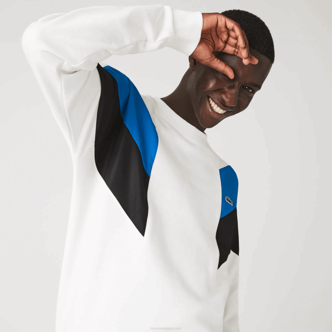 blanc bleu noir wza V6HV1127 Hommes Lacoste sweat-shirt en molleton de coton à motif colorblock à col ras du cou