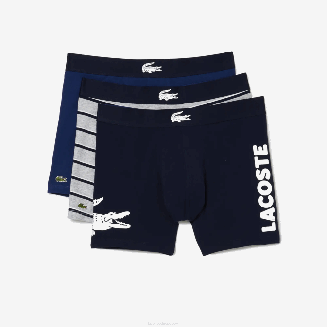 blanc gris chine bleu marine noir V6HV1369 Hommes Lacoste Lot de 3 boxers longs en coton stretch taille crocodile