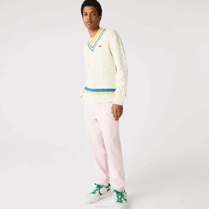 blanc jaune bleu 7mz V6HV1518 Hommes Lacoste pull coupe classique en laine à rayures contrastées