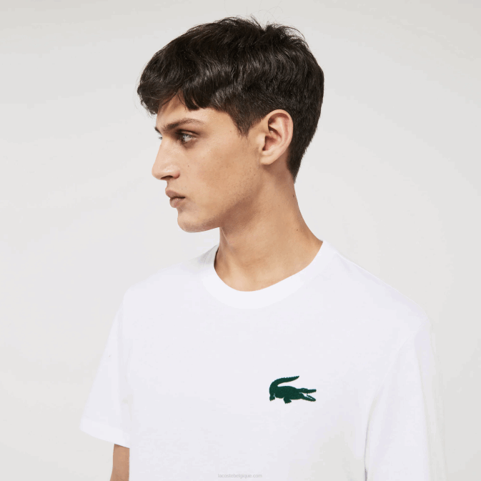 blanc vert 7wj V6HV1343 Hommes Lacoste t-shirt lounge en coton à col rond et crocodile en velours