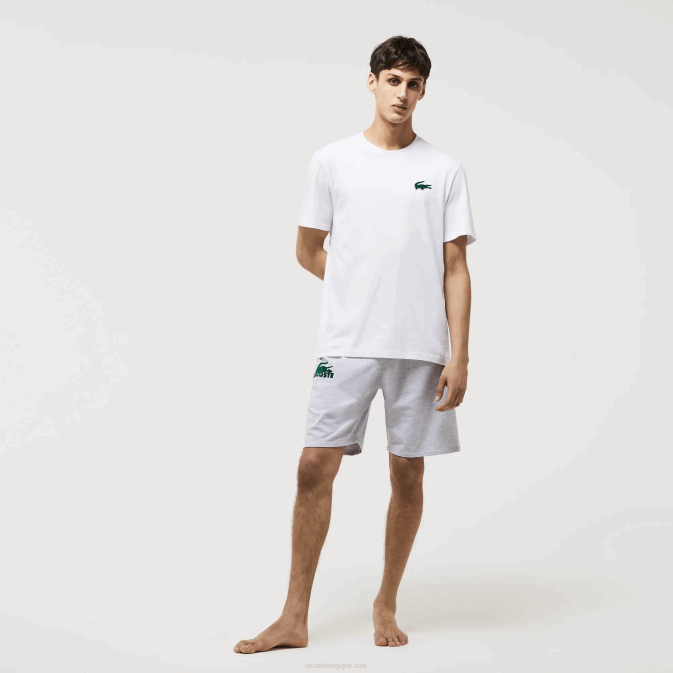 blanc vert 7wj V6HV1343 Hommes Lacoste t-shirt lounge en coton à col rond et crocodile en velours