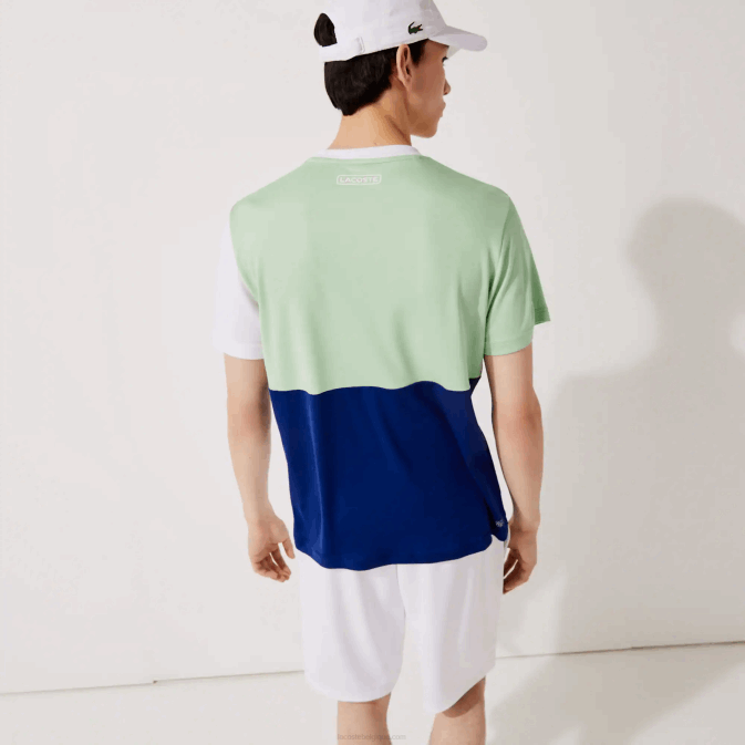 blanc vert bleu marine blanc cmn V6HV908 Hommes Lacoste t-shirt sport tricolore en piqué léger respirant