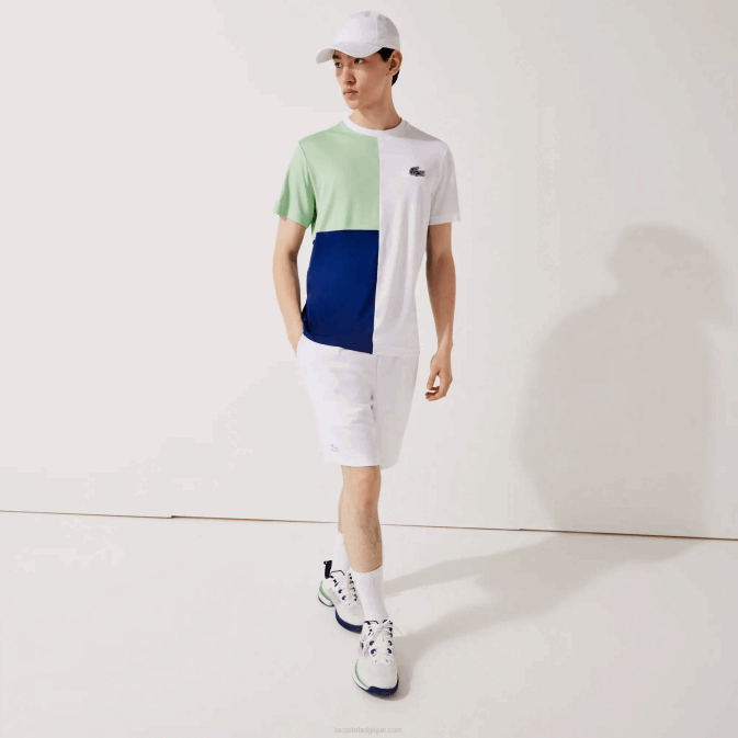 blanc vert bleu marine blanc cmn V6HV908 Hommes Lacoste t-shirt sport tricolore en piqué léger respirant