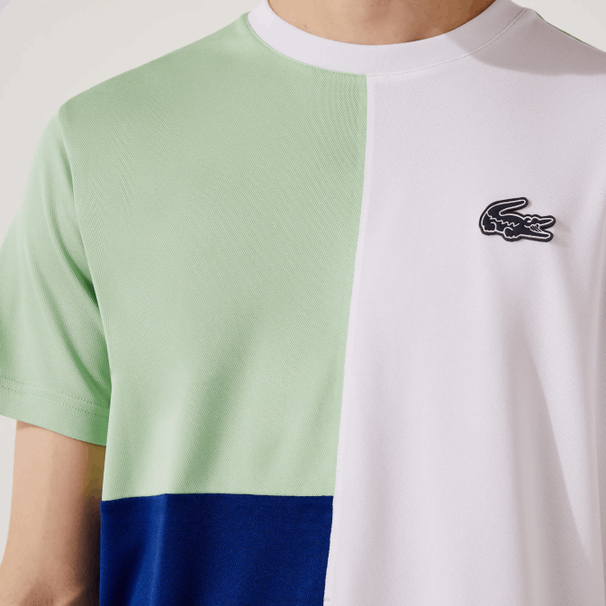 blanc vert bleu marine blanc cmn V6HV908 Hommes Lacoste t-shirt sport tricolore en piqué léger respirant