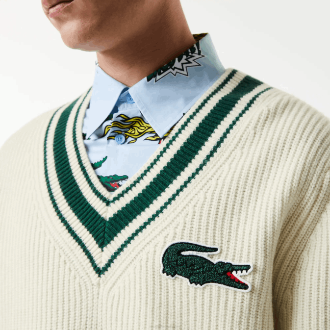 blanc vert x0n V6HV1377 Hommes Lacoste pull à badge comique