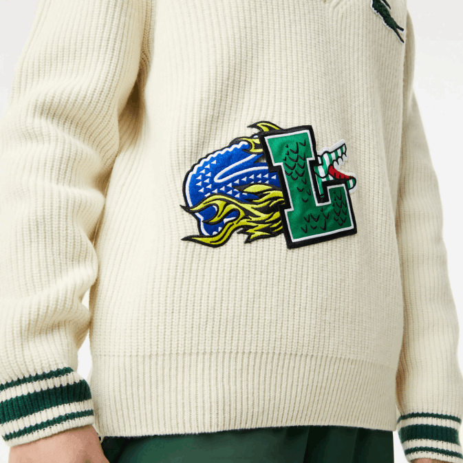 blanc vert x0n V6HV1377 Hommes Lacoste pull à badge comique