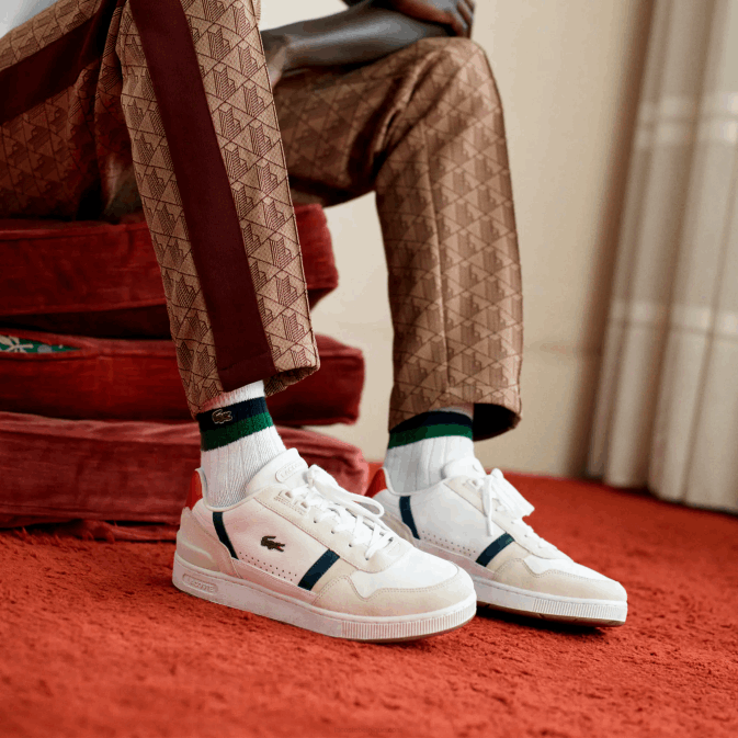 blanc/marine  rouge 407 V6HV1836 Hommes Lacoste baskets tricolores en cuir et daim t-clip