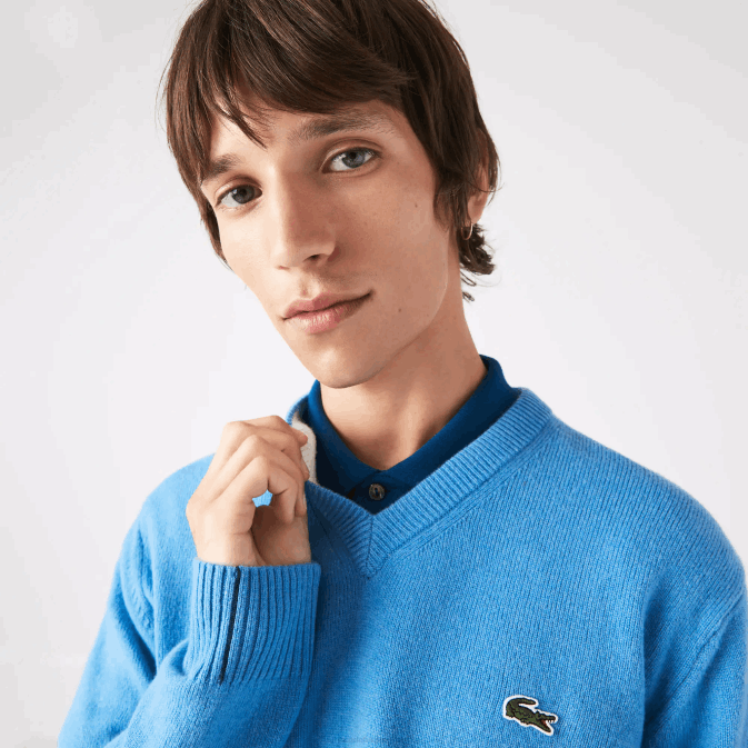 bleu 4xa V6HV1553 Hommes Lacoste pull en laine à col v
