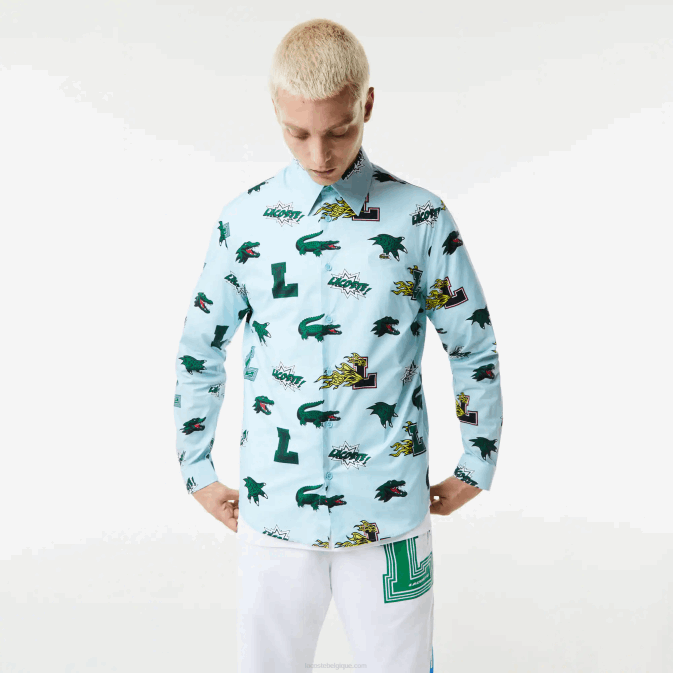 bleu blanc ep V6HV1574 Hommes Lacoste chemise coupe classique à imprimé crocodile