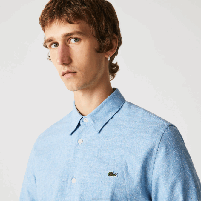 bleu blanc fv2 V6HV1520 Hommes Lacoste chemise cintrée en chambray de coton