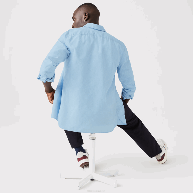 bleu blanc fv2 V6HV1647 Hommes Lacoste chemise slim fit à carreaux en coton et lin