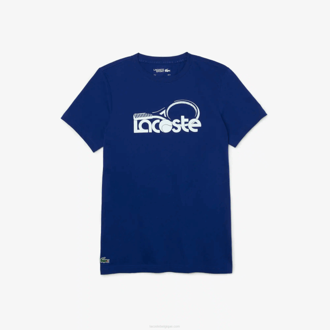 bleu blanc gtd V6HV794 Hommes Lacoste t-shirt sport respirant à col rond et imprimé tennis