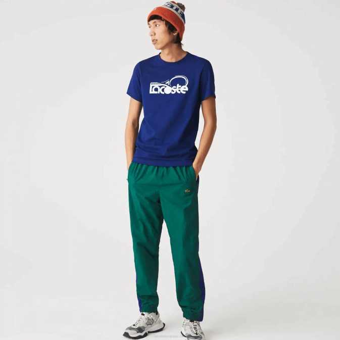 bleu blanc gtd V6HV794 Hommes Lacoste t-shirt sport respirant à col rond et imprimé tennis