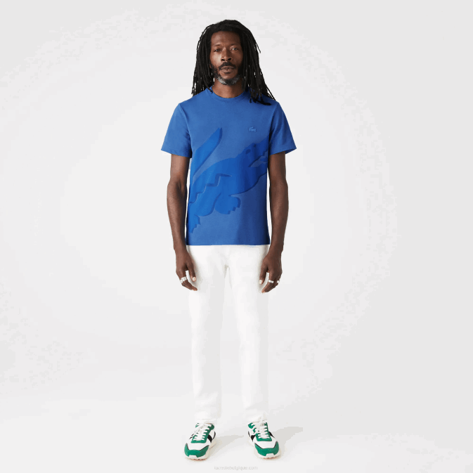 bleu chiné hg3 V6HV639 Hommes Lacoste t-shirt col rond en coton bio stretch imprimé crocodile
